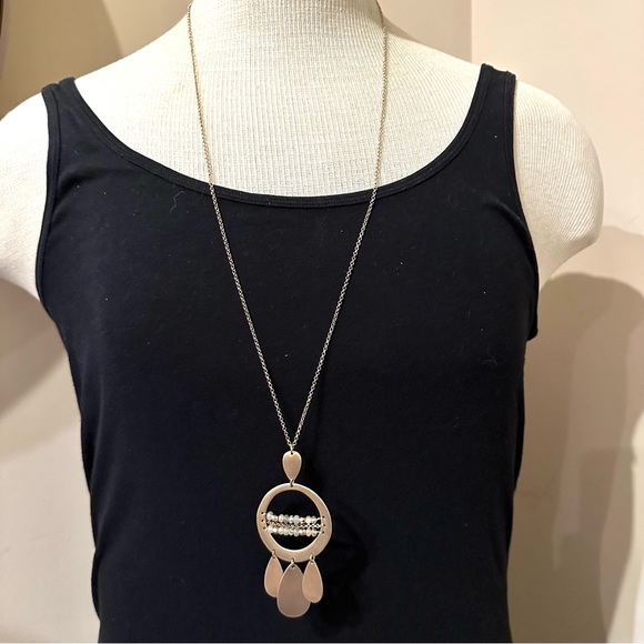 Jade & Jasper Necklace- long gold tone w/ brushed gold beaded pendant teardrop - Picture 1 of 12